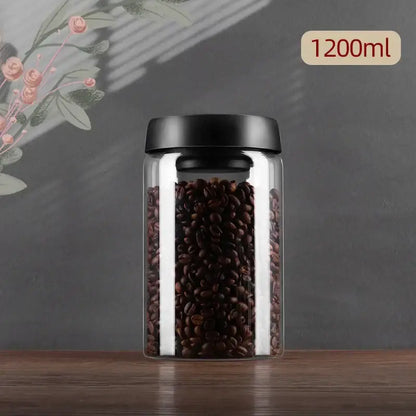 Clear glass vacuum sealed coffee beans jar kitchen storage with gold seal