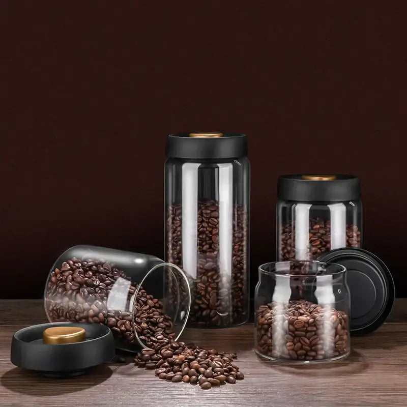 Clear glass vacuum sealed coffee beans jar kitchen storage with gold seal