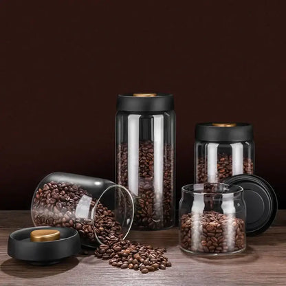 Clear glass vacuum sealed coffee beans jar kitchen storage with gold seal
