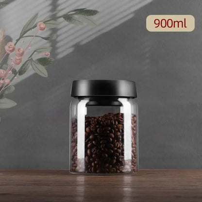 Clear glass vacuum sealed coffee beans jar kitchen storage with gold seal