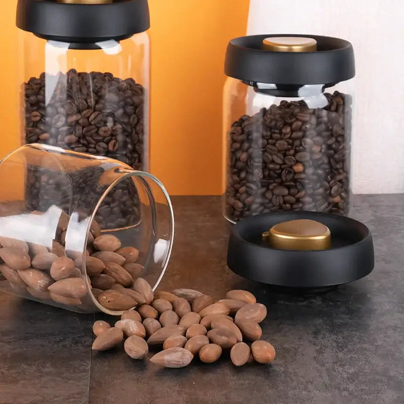 Clear glass vacuum sealed coffee beans jar kitchen storage with gold seal