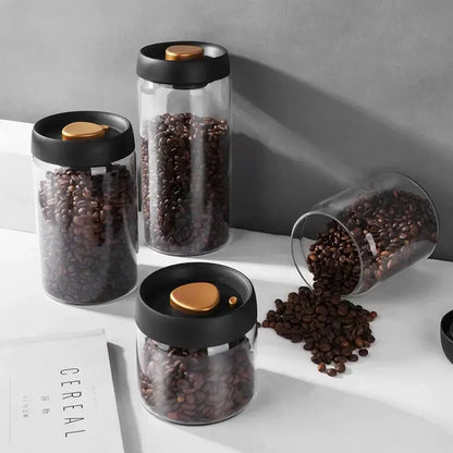 Clear glass vacuum sealed coffee beans jar kitchen storage with gold seal
