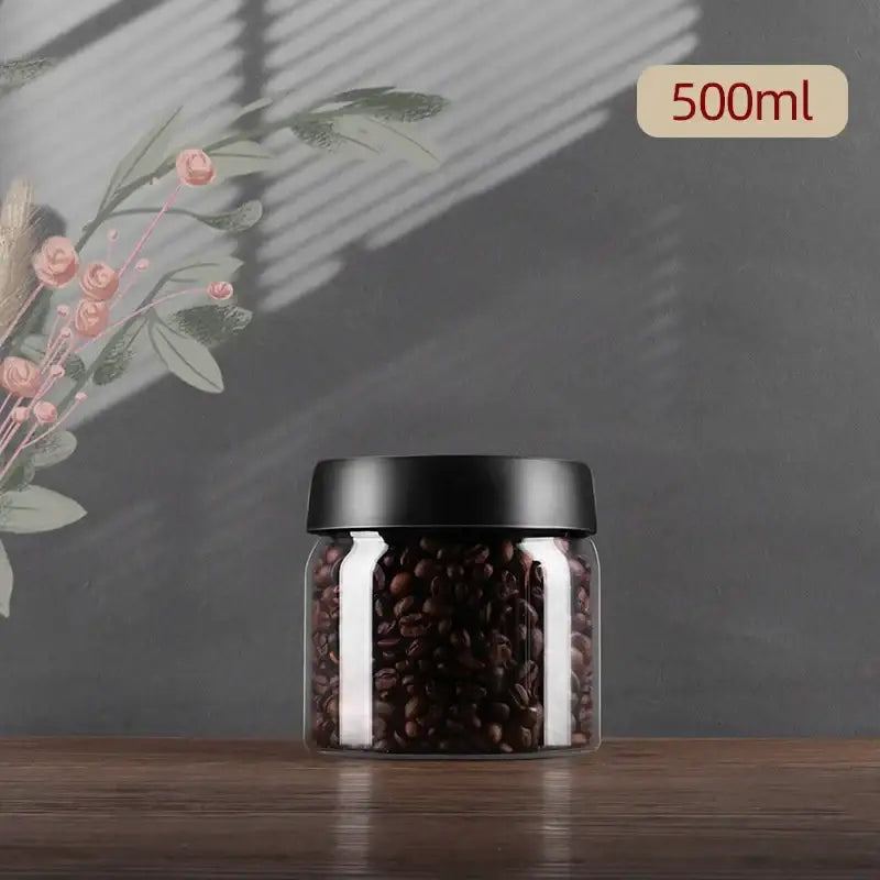 Clear glass vacuum sealed coffee beans jar kitchen storage with gold seal