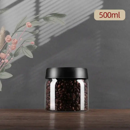 Clear glass vacuum sealed coffee beans jar kitchen storage with gold seal
