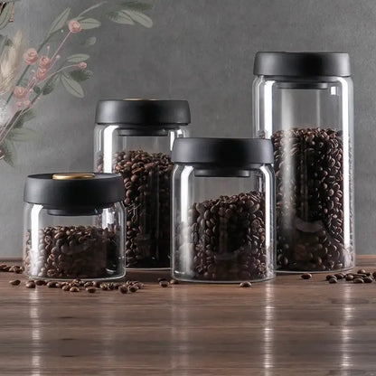 Clear glass vacuum sealed coffee beans jar kitchen storage with gold seal