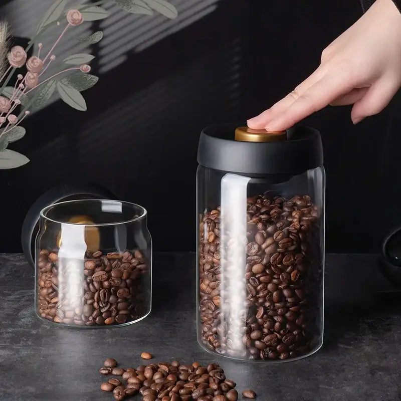 Clear glass vacuum sealed coffee beans jar kitchen storage with gold seal