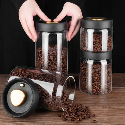 Clear glass vacuum sealed coffee beans jar kitchen storage with gold seal