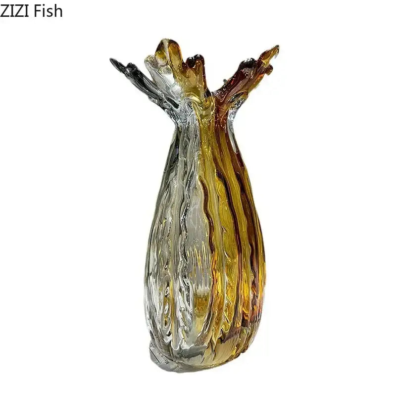 Amber & gold hand blown glass vase set living room decor