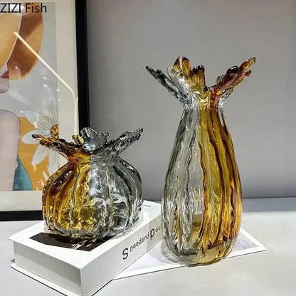 Amber & gold hand blown glass vase set living room decor