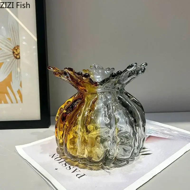 Amber & gold hand blown glass vase set living room decor