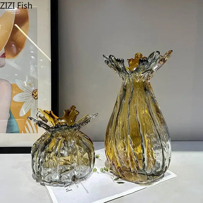 Amber & gold hand blown glass vase set living room decor