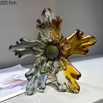 Amber & gold hand blown glass vase set living room decor