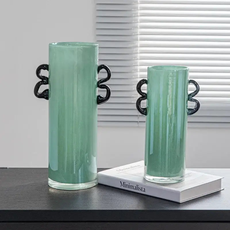 Modern mint green glass vase with black handles living room decor