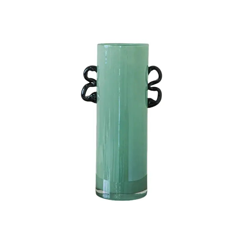 Modern mint green glass vase with black handles living room decor