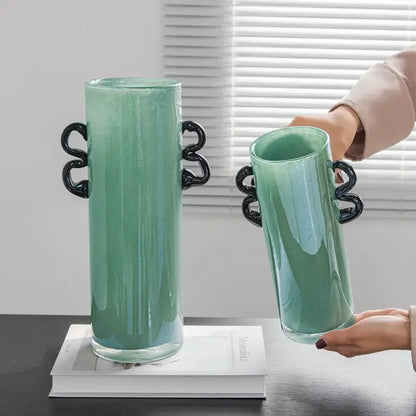 Modern mint green glass vase with black handles living room decor