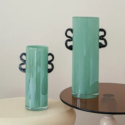 Modern mint green glass vase with black handles living room decor