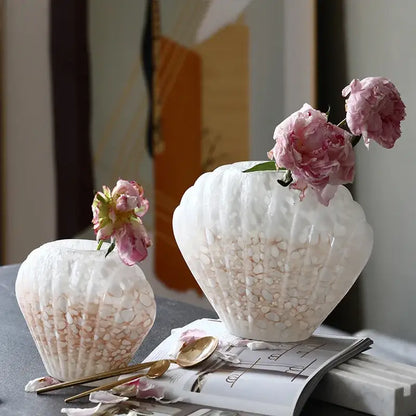 Scalloped white and pink ceramic glass vase floral arrangement living room