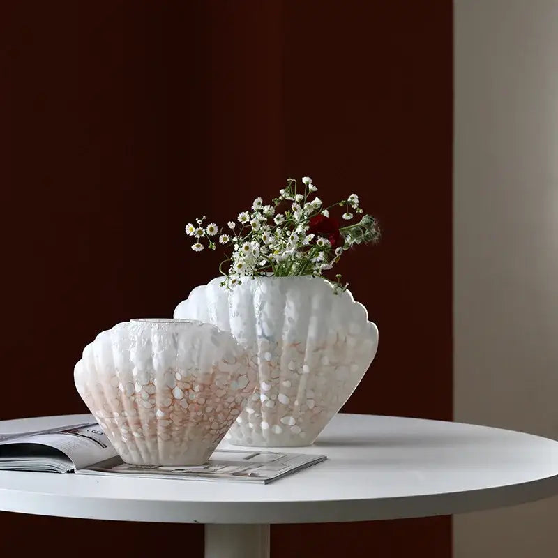 Scalloped white and pink ceramic glass vase floral arrangement living room