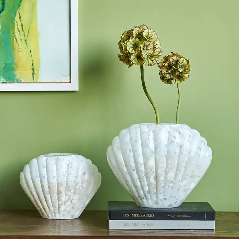 Scalloped white and pink ceramic glass vase floral arrangement living room