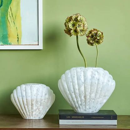 Scalloped white and pink ceramic glass vase floral arrangement living room