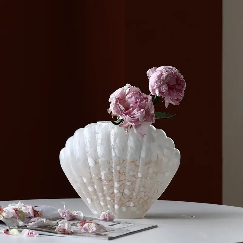 Scalloped white and pink ceramic glass vase floral arrangement living room