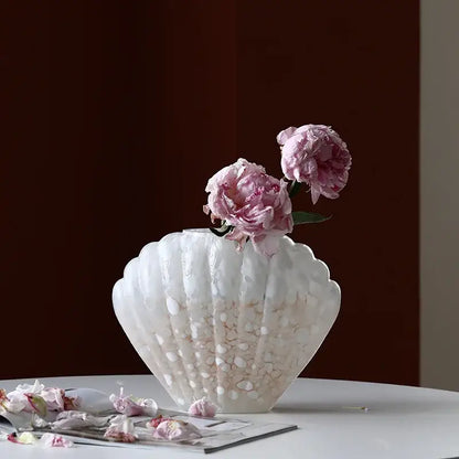 Scalloped white and pink ceramic glass vase floral arrangement living room