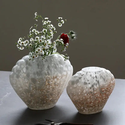 Scalloped white and pink ceramic glass vase floral arrangement living room