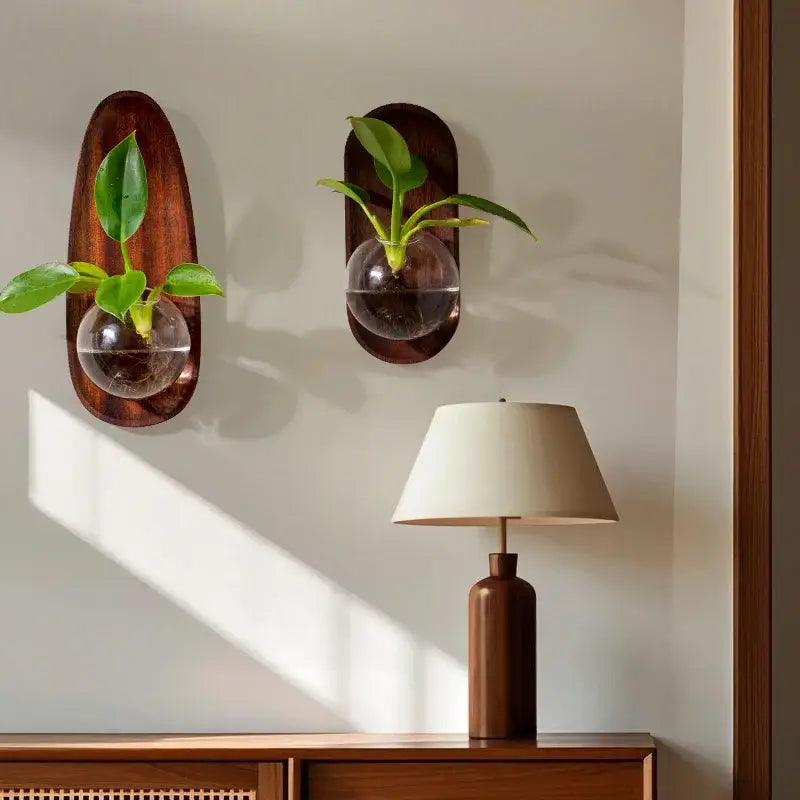 Modern wood and glass vase flowerpot wall decoration living room