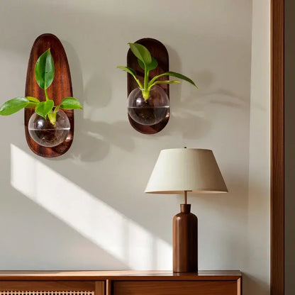Modern wood and glass vase flowerpot wall decoration living room