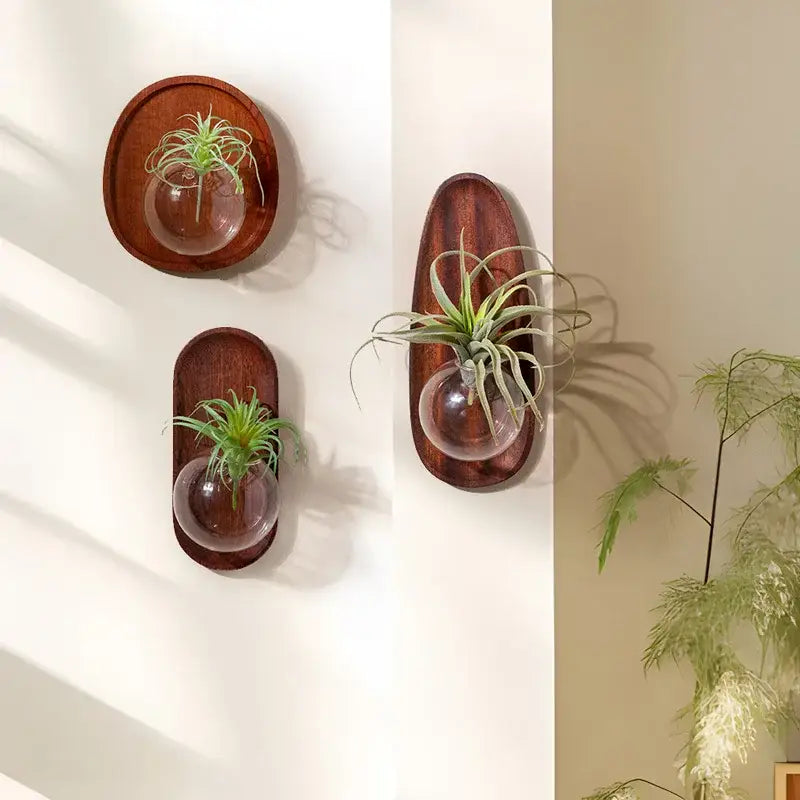 Modern wood and glass vase flowerpot wall decoration living room