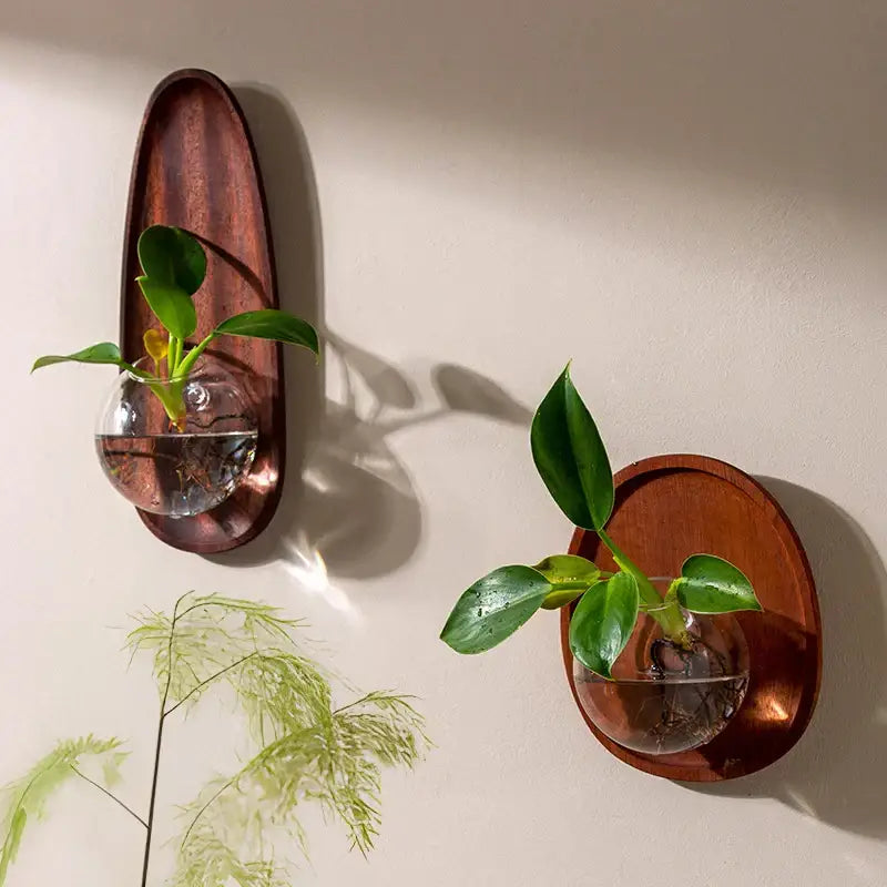 Modern wood and glass vase flowerpot wall decoration living room