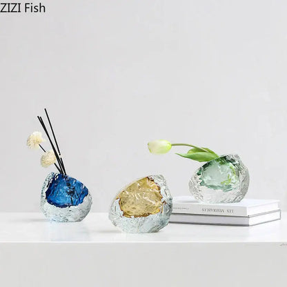 Blue textured glass vase with gold foil living room decor