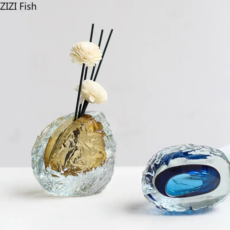 Blue textured glass vase with gold foil living room decor