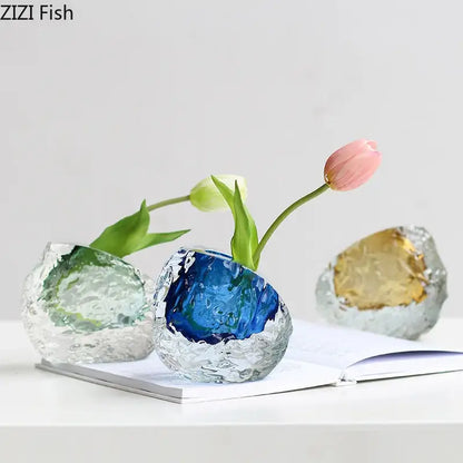 Blue textured glass vase with gold foil living room decor