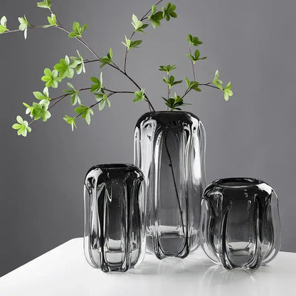 Modern ridged black glass vase set living room hydroponics decor