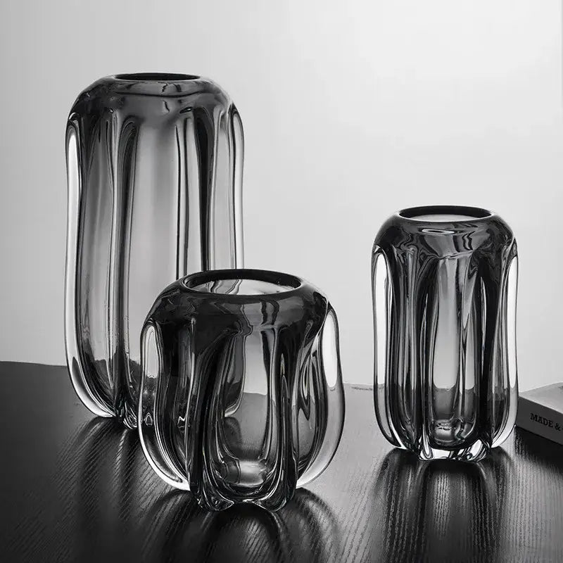 Modern ridged black glass vase set living room hydroponics decor