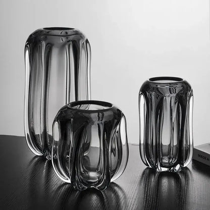 Modern ridged black glass vase set living room hydroponics decor