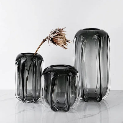 Modern ridged black glass vase set living room hydroponics decor