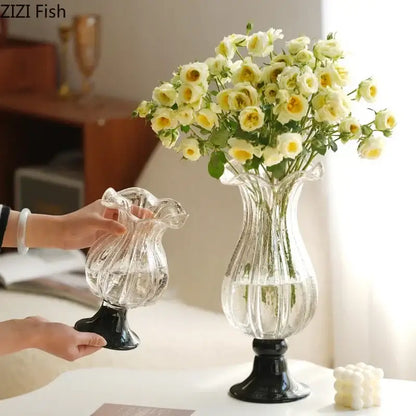 Textured clear glass vase with black base living room decor