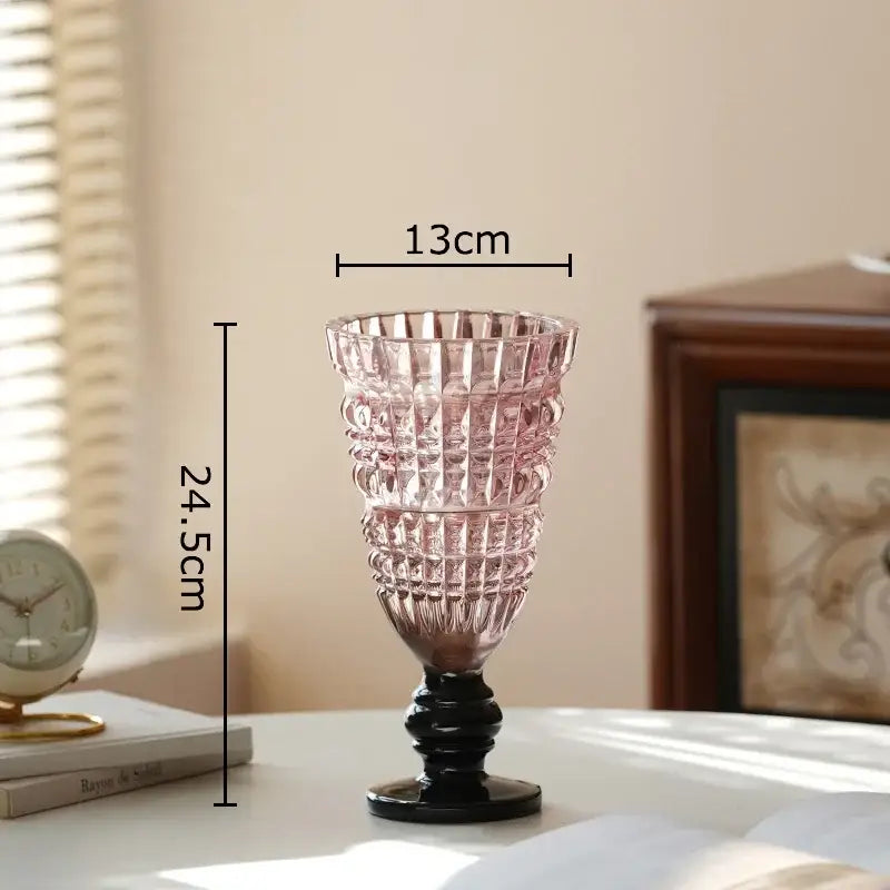 Textured clear glass vase with black base living room decor