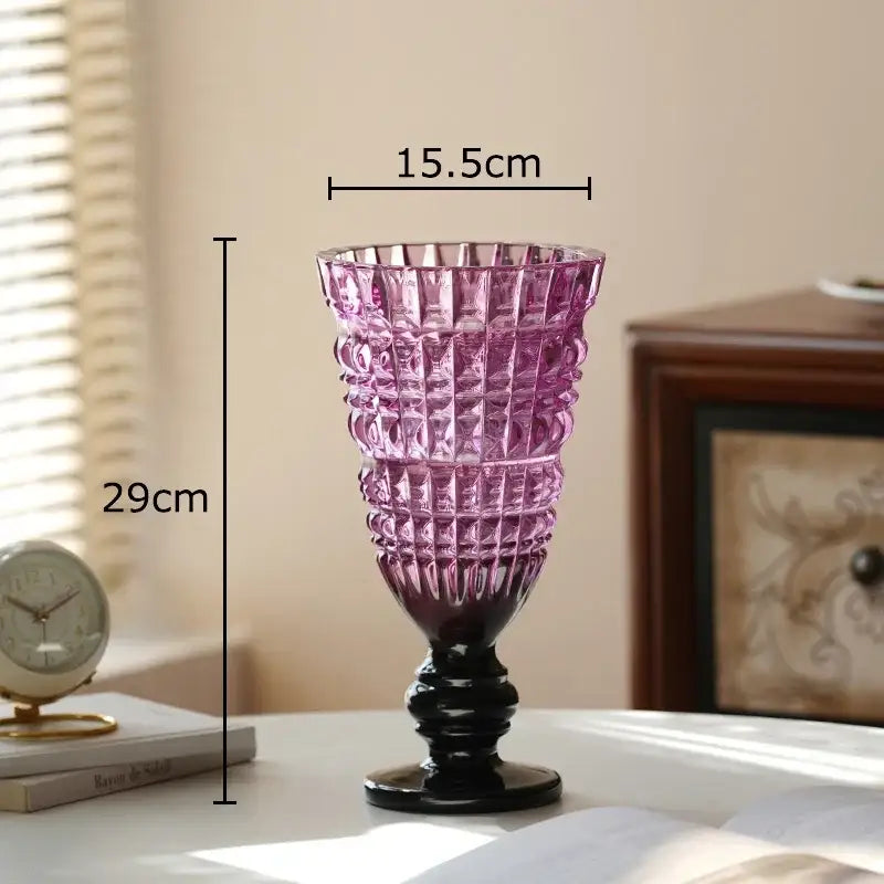 Textured clear glass vase with black base living room decor