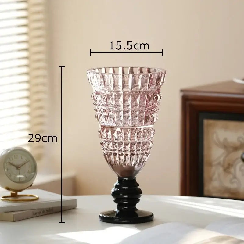 Textured clear glass vase with black base living room decor