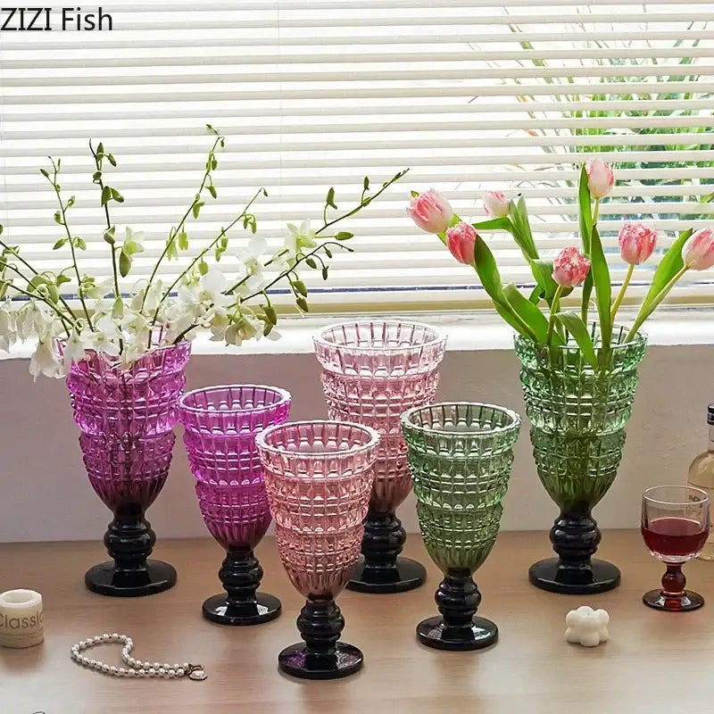 Textured clear glass vase with black base living room decor