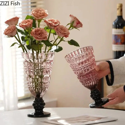 Textured clear glass vase with black base living room decor