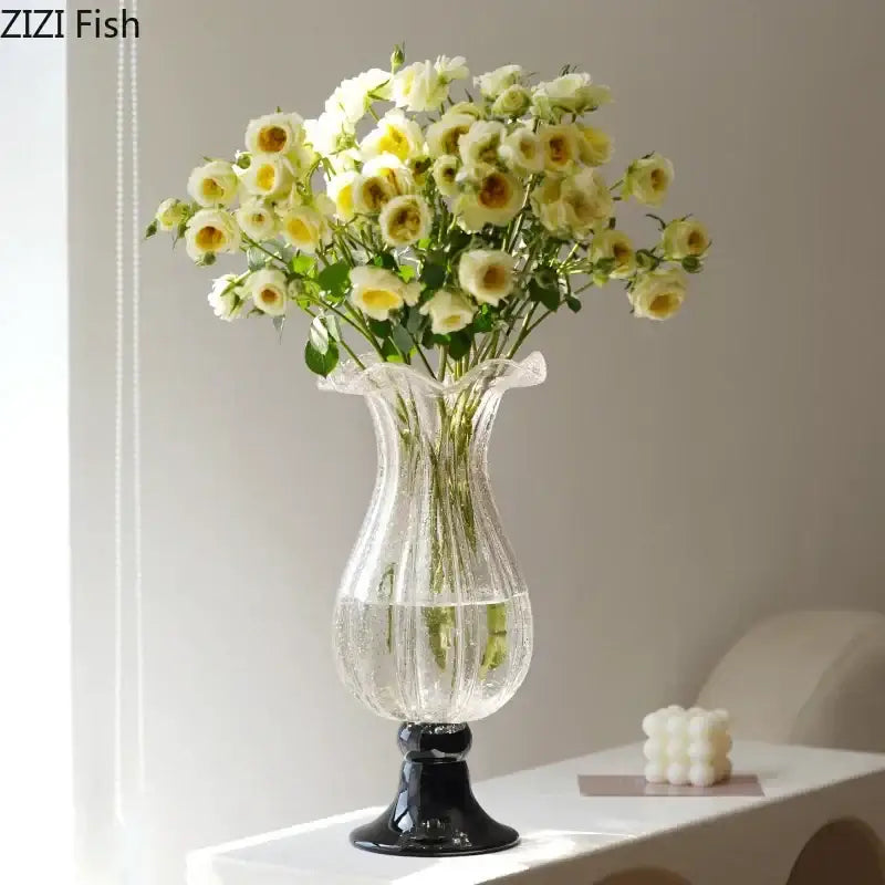 Textured clear glass vase with black base living room decor