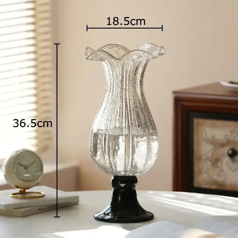 Textured clear glass vase with black base living room decor
