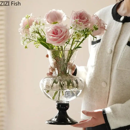 Textured clear glass vase with black base living room decor