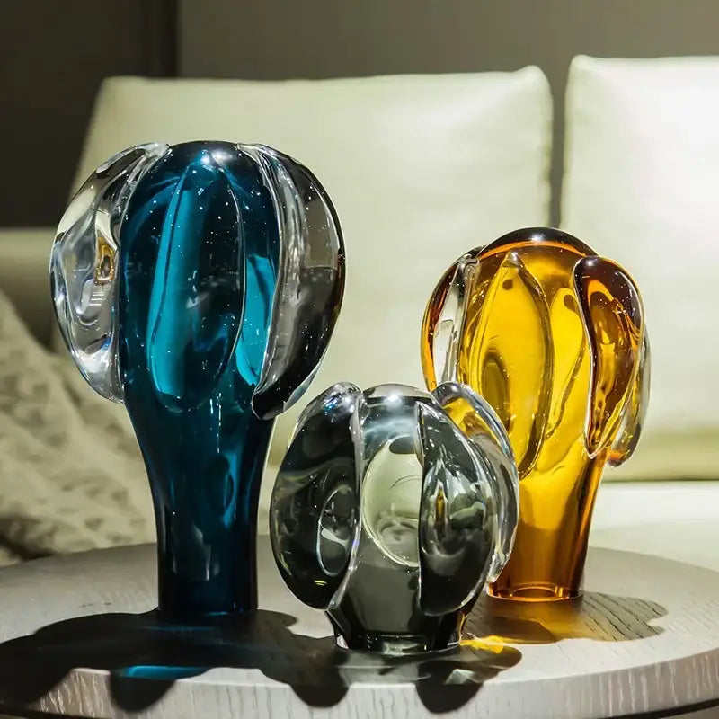 Modern blue and amber cactus glass vase living room decor