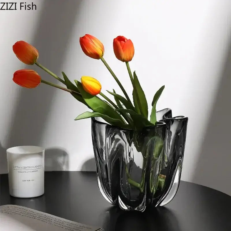 Tulip ruffled translucent gray glass vase hydroponics desk decoration