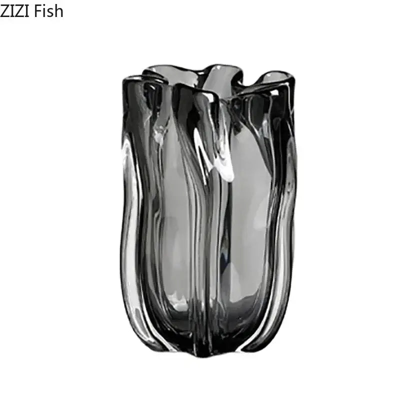 Tulip ruffled translucent gray glass vase hydroponics desk decoration